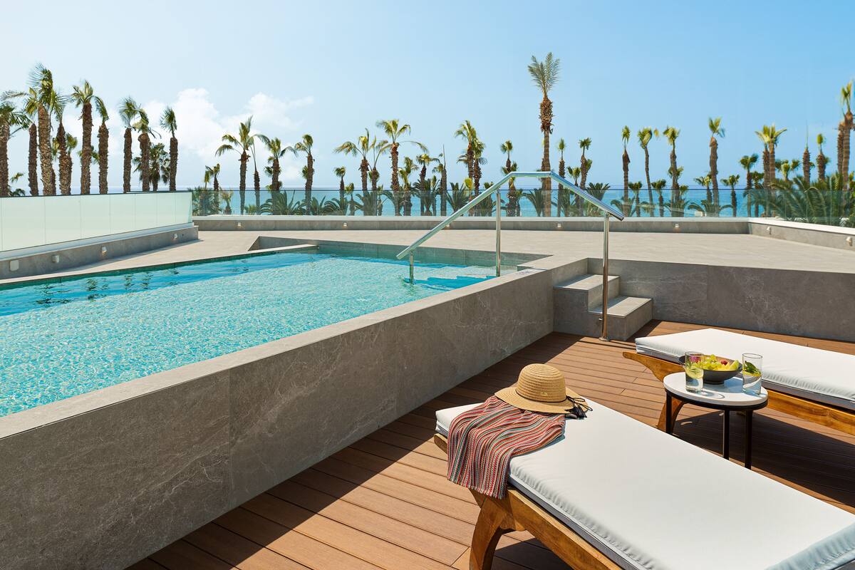 A rooftop pool area with a clear view of the ocean, surrounded by palm trees.