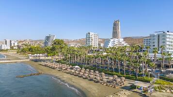 Un complejo turístico frente al mar, con playa, palmeras y edificios modernos.