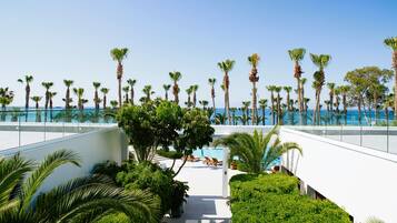 Relax by the ocean-view pool surrounded by lush greenery and palm trees.