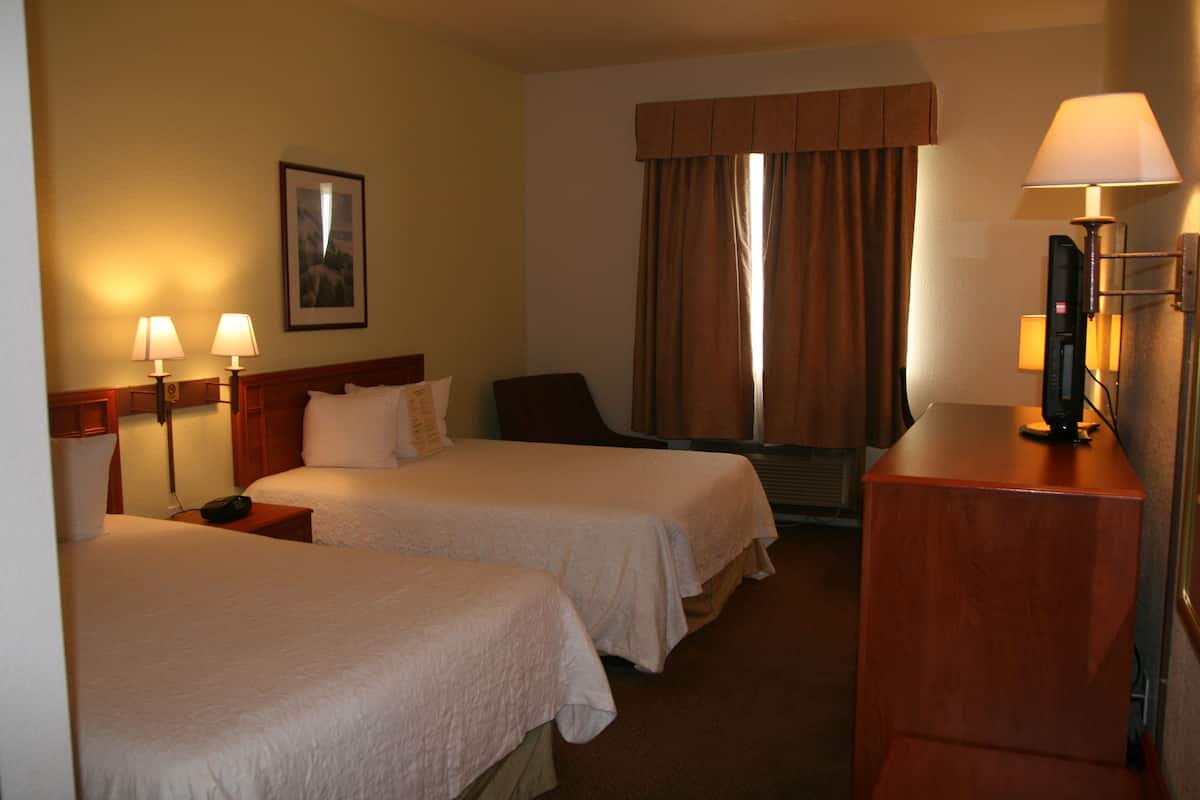 A hotel room with two beds, a desk, a chair, a TV, and a window with curtains.