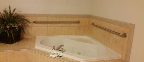 A bathroom with a bathtub, grab bars, a towel, and a plant.