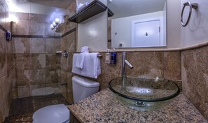 Shower, rainfall showerhead, designer toiletries, hair dryer - Pegasus International Hotel (Key West)
