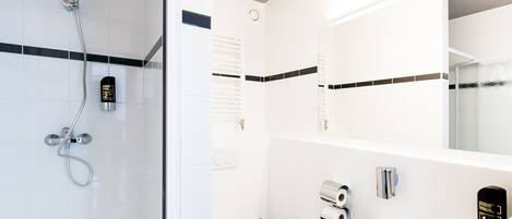 A modern bathroom with a glass shower enclosure, a toilet, a sink, and a mirror.