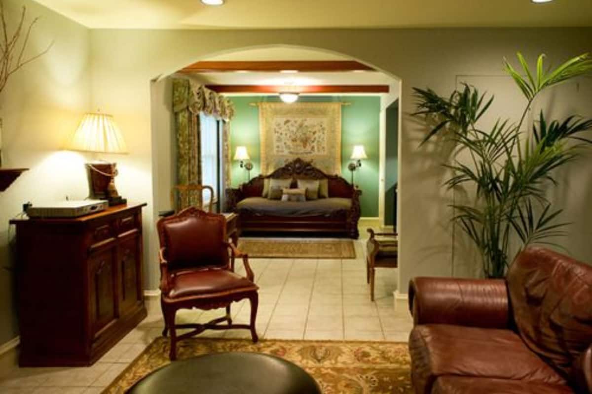 A cozy living room with a sofa, armchair, and a coffee table. There is a lamp on a side table and a large plant in the corner.