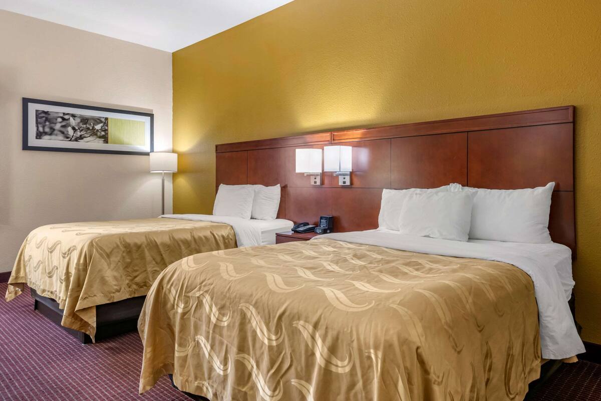 A hotel room with two beds, a nightstand, a lamp, and a framed picture on the wall.