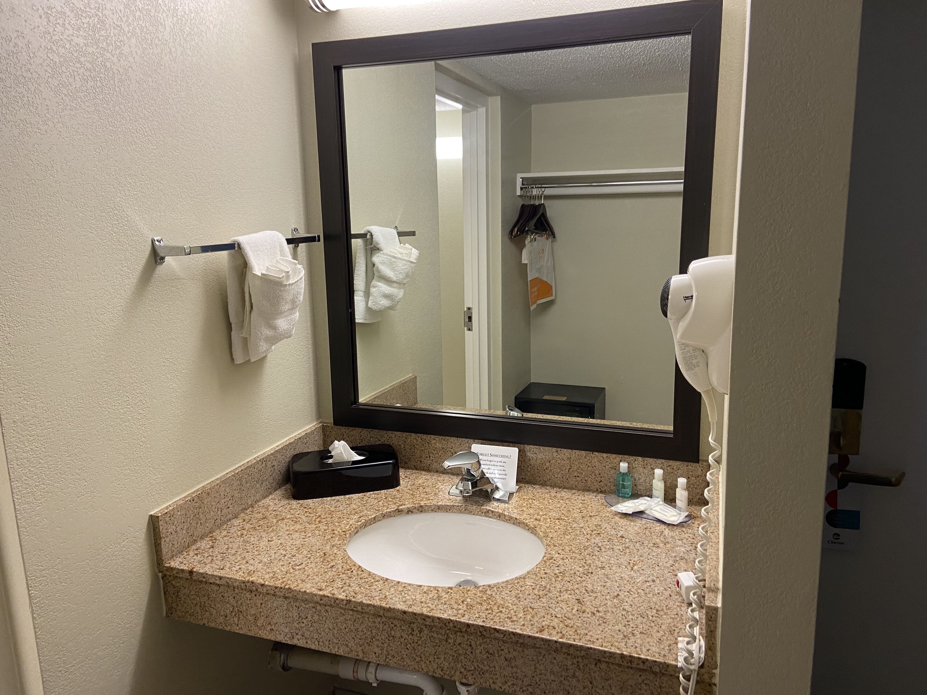 free toiletries, hair dryer, towels