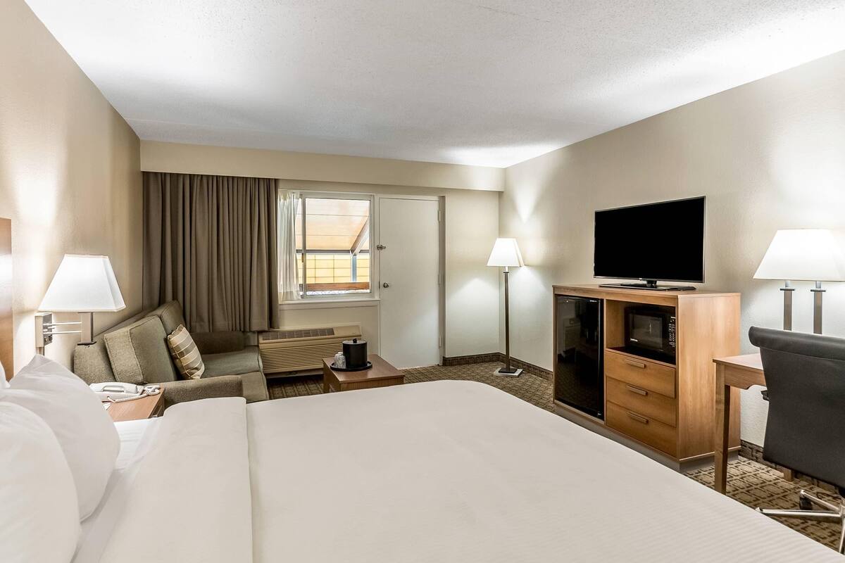 A hotel room with a large bed, a desk with a flat-screen TV, a sofa, a lamp, and a window with curtains.