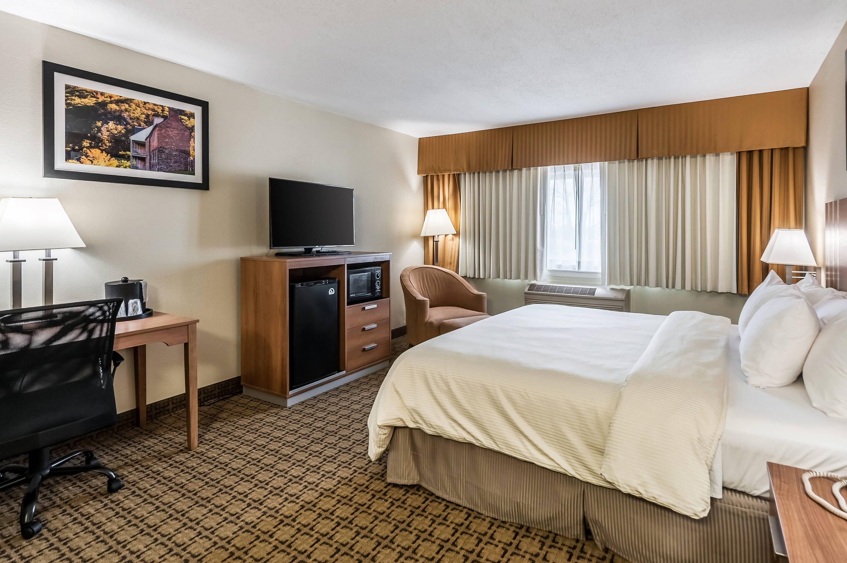 Una camera d'albergo con un letto grande, una scrivania con un computer, una TV e una sedia.