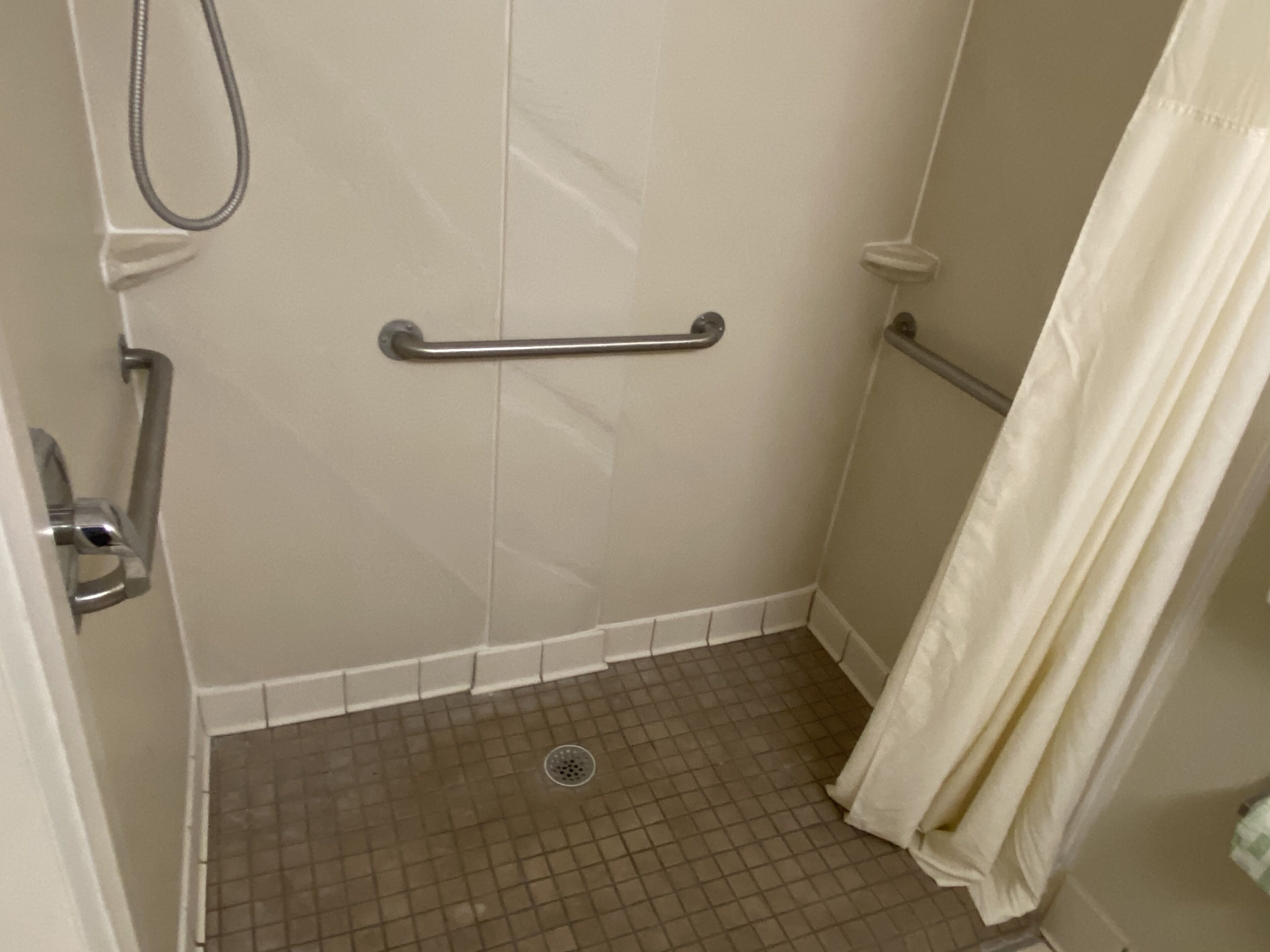 A shower area with a grab bar, a showerhead, and a drain.