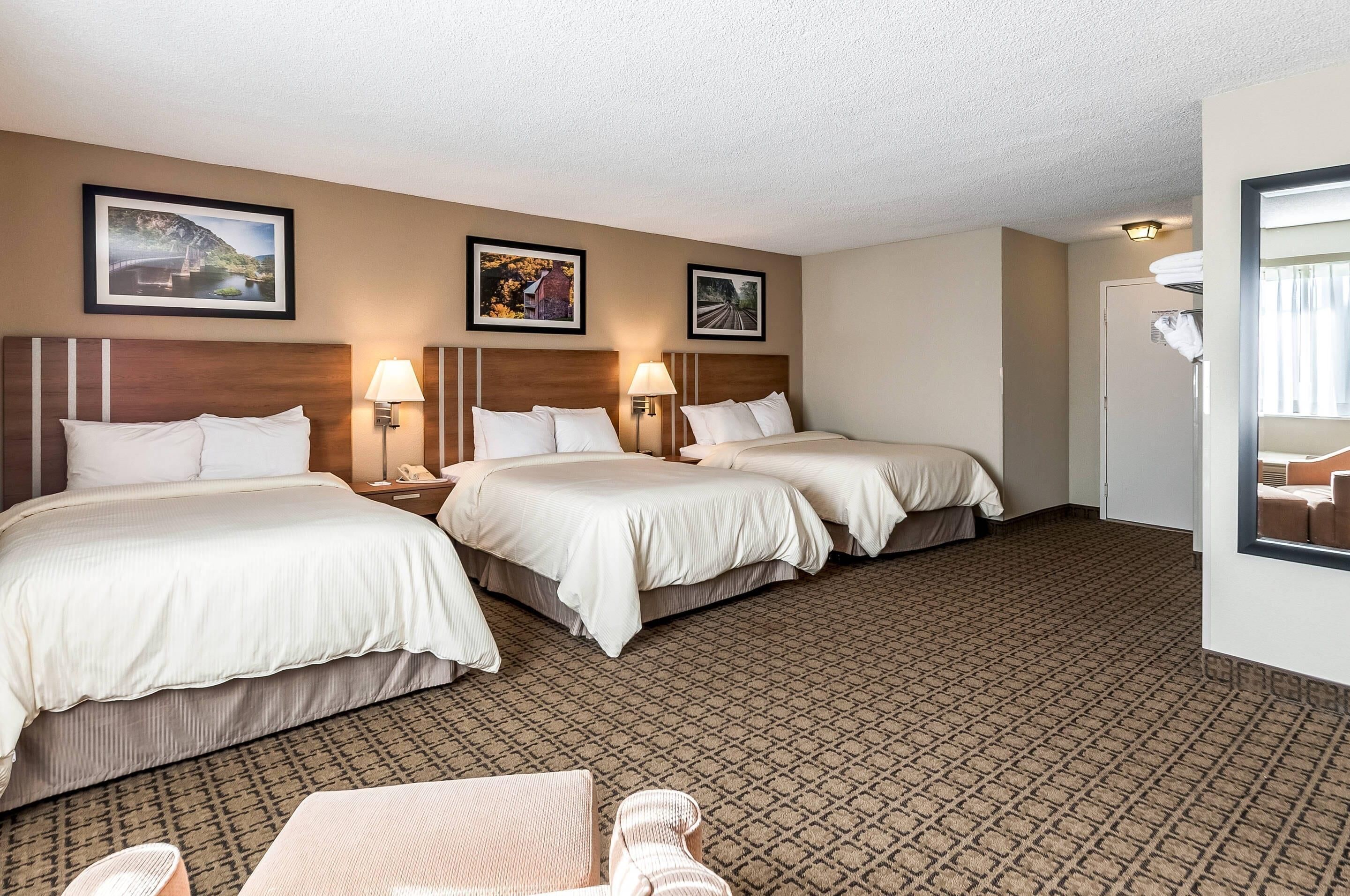 Ein Hotelzimmer mit drei Betten, einem gemusterten Teppich und gerahmten Bildern an der Wand.