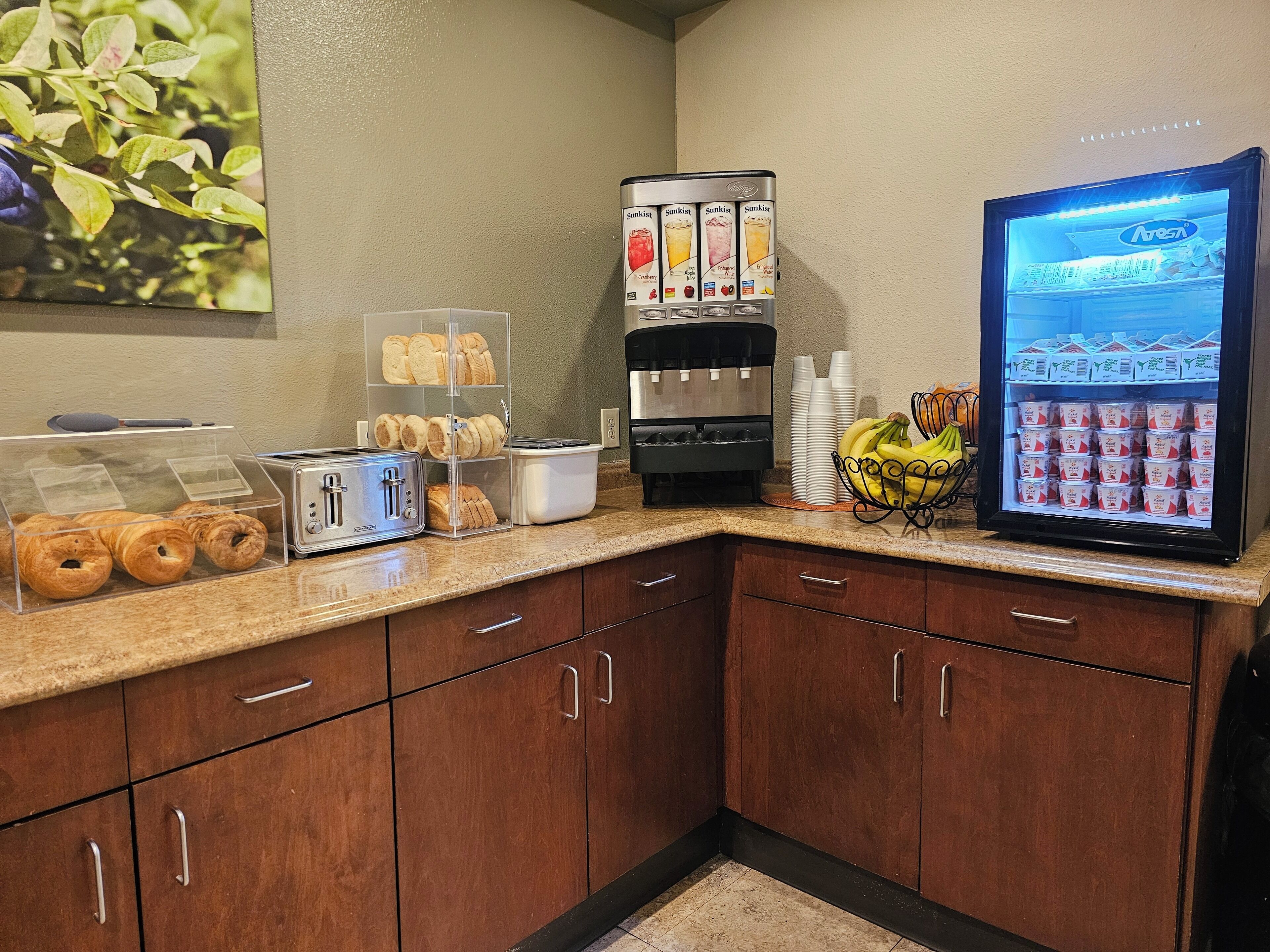 A kitchenette with a coffee maker, toaster, and refrigerator stocked with beverages and bananas.