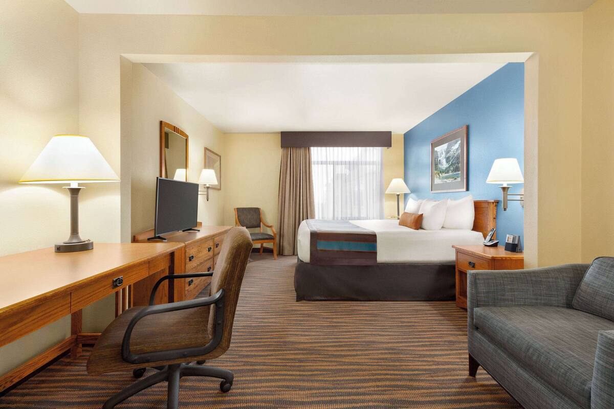 A hotel room with a bed, desk, chair, and a sofa.