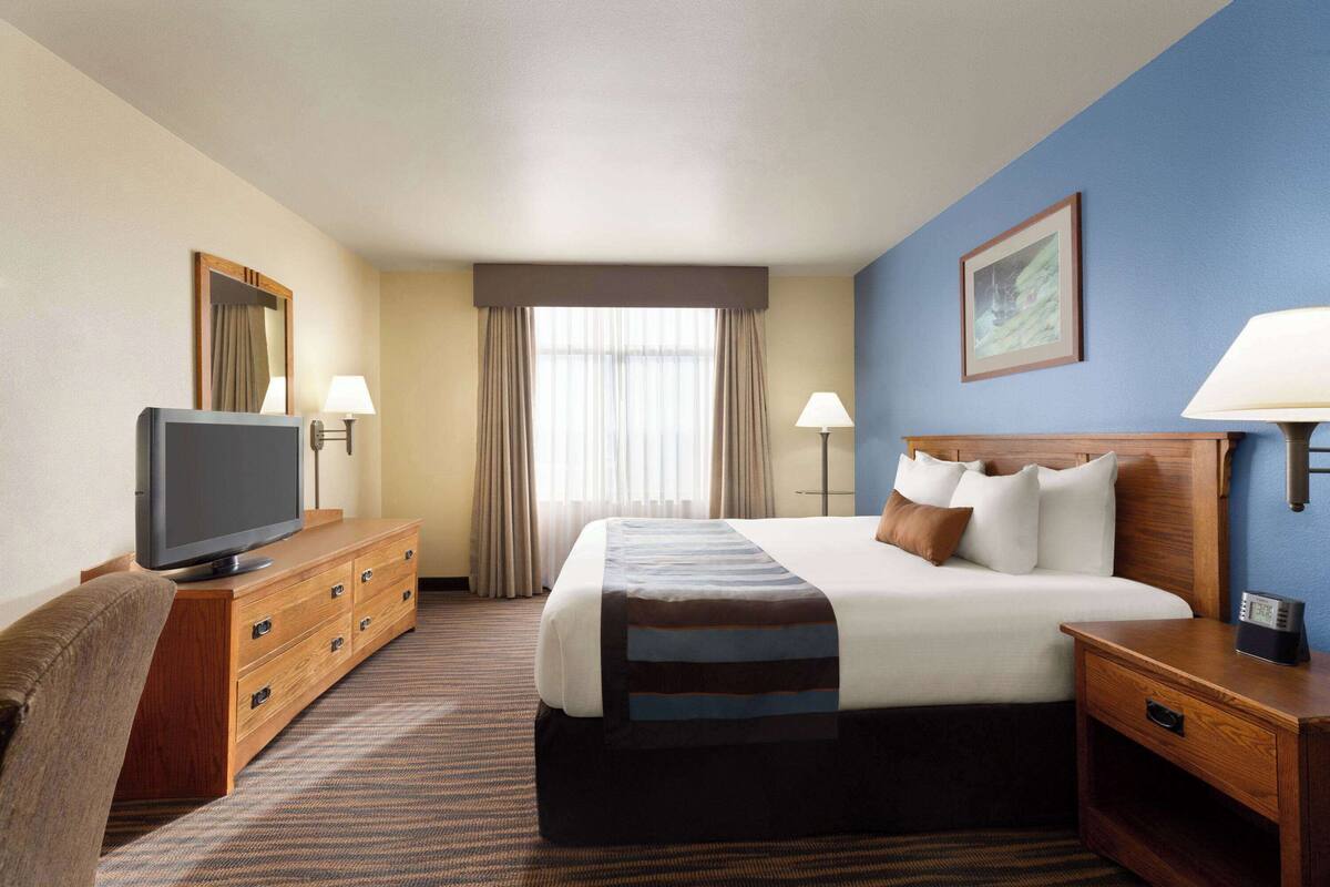 A hotel room with a bed, a television, a dresser, and a nightstand.