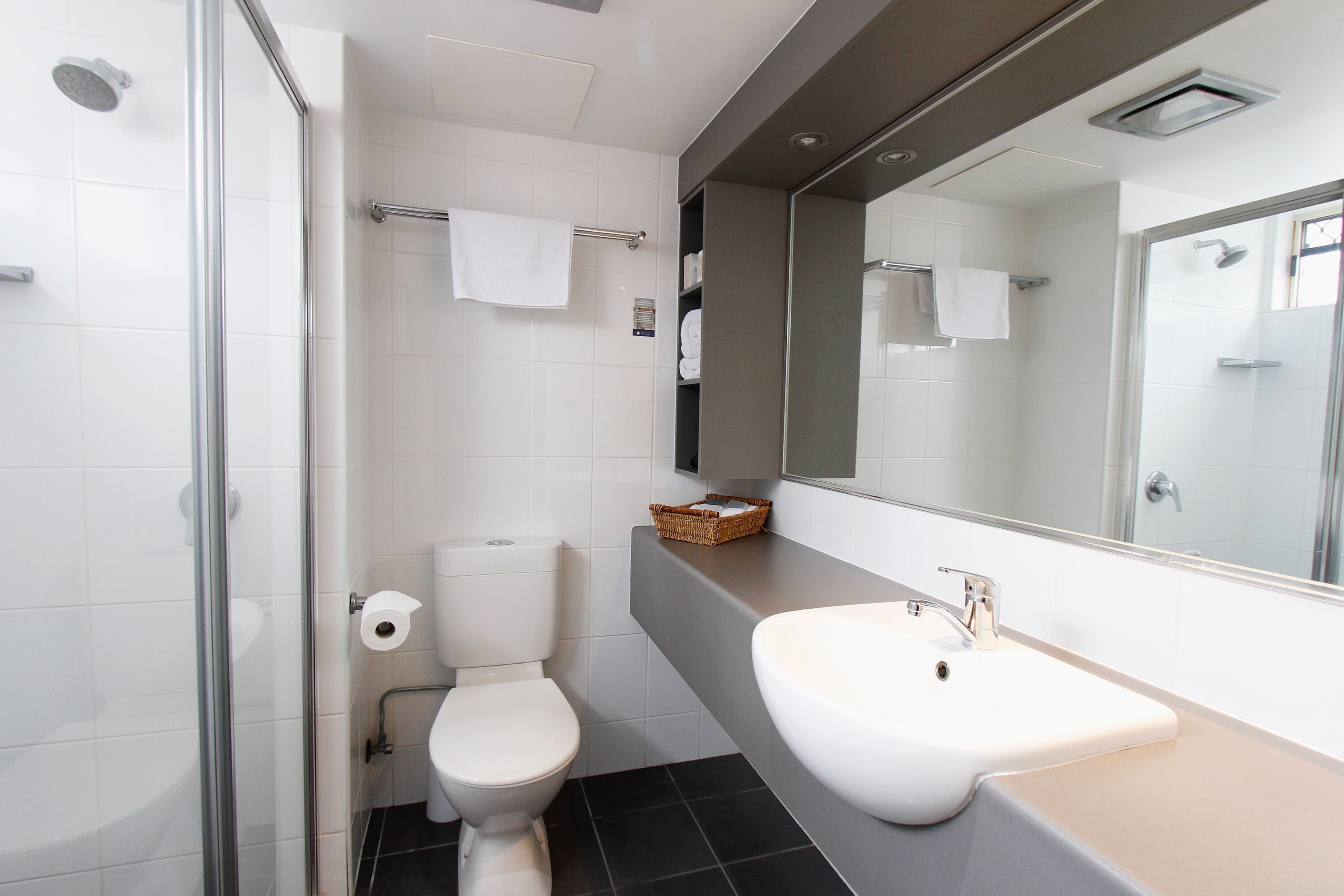 A modern bathroom with a glass shower enclosure, a white toilet, a beige sink, and a large mirror.