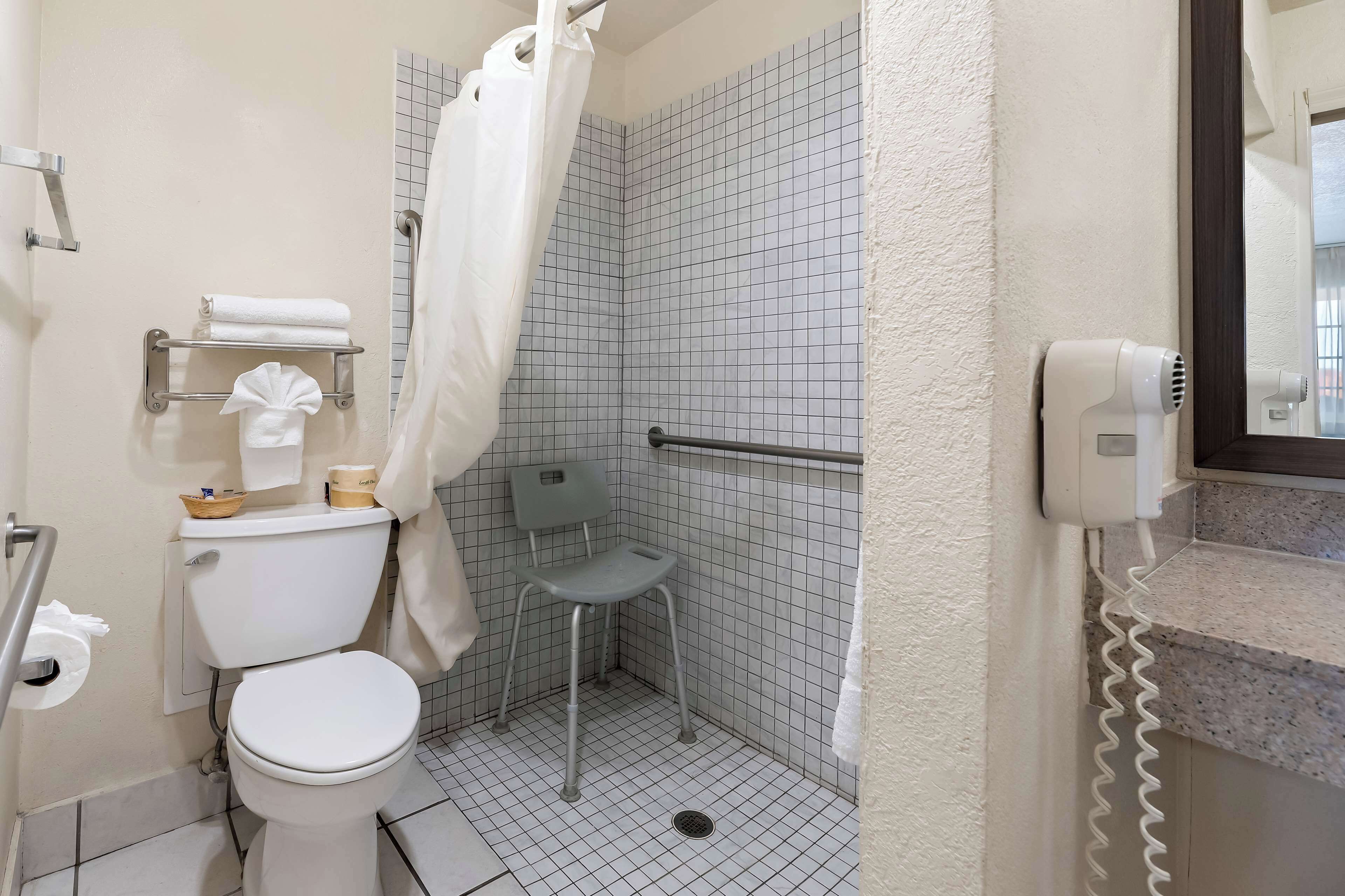 A bathroom with a toilet, a shower with a grab bar, a hairdryer, and a towel rack.
