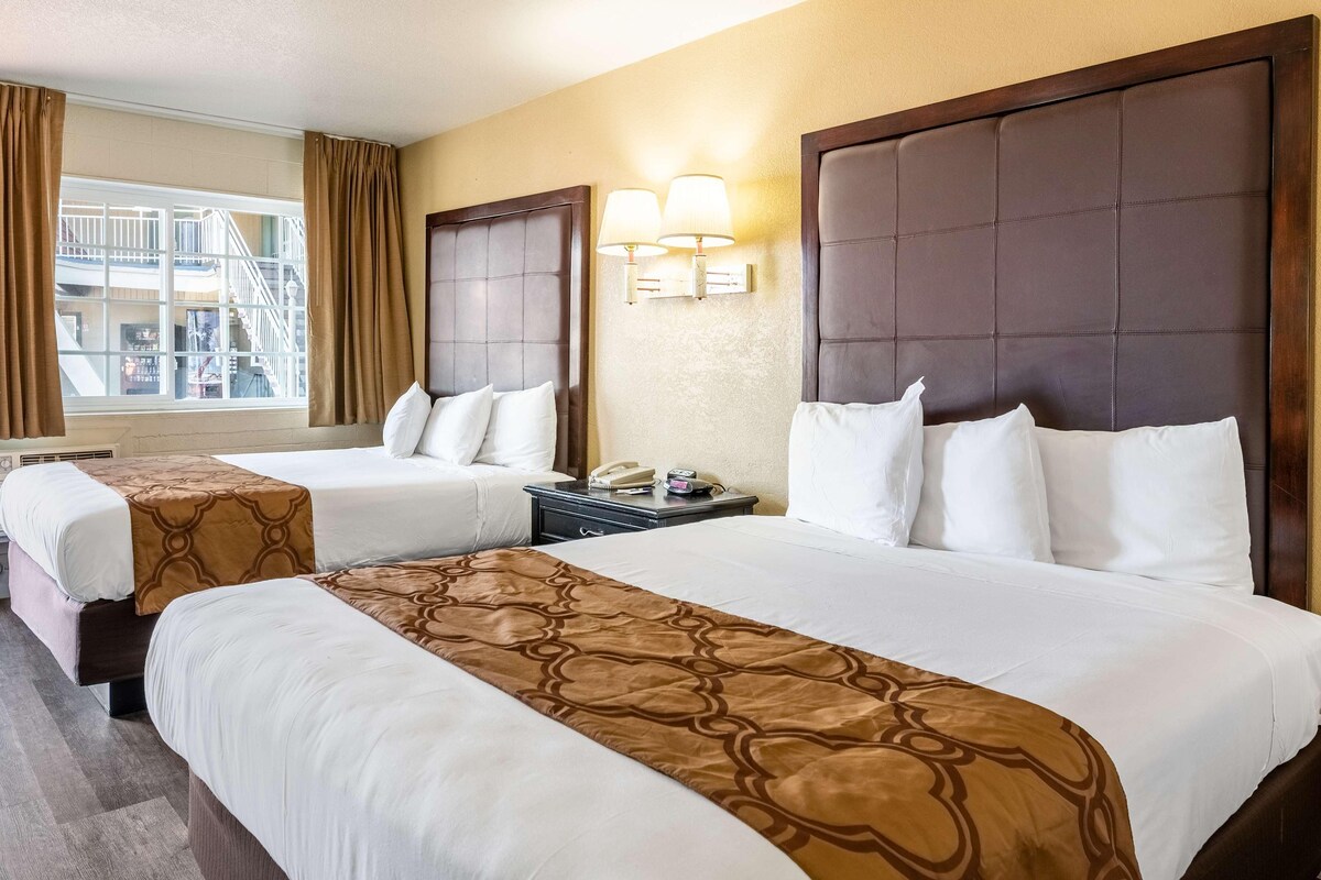 Habitación de hotel con dos camas, una ventana con cortinas, una mesita de noche con lámpara y vistas al exterior.