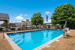 Seasonal outdoor pool, pool loungers