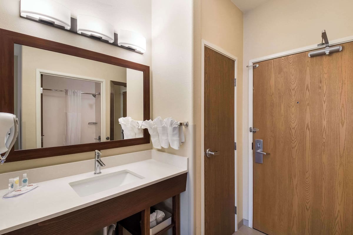A bathroom with a white sink, a large mirror, and a wooden door.