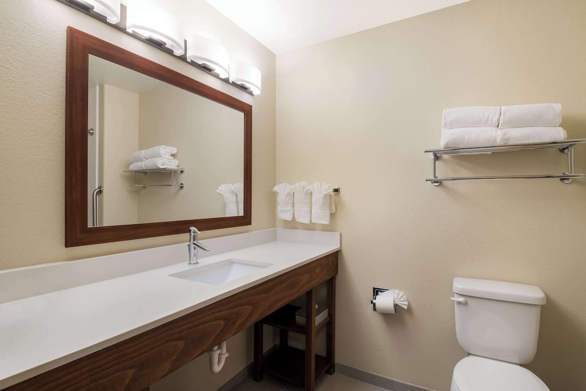 A bathroom with a wooden vanity, a large mirror, a white sink, a toilet, and towel racks on the wall.