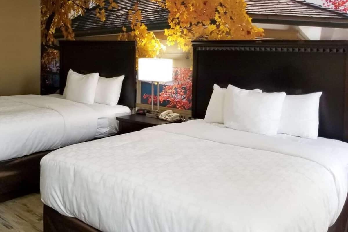 A hotel room with two beds, a nightstand, a lamp, and autumn-themed decor.
