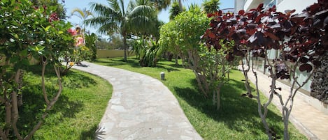 A stone pathway leading through a well-maintained garden with various plants and a palm tree.