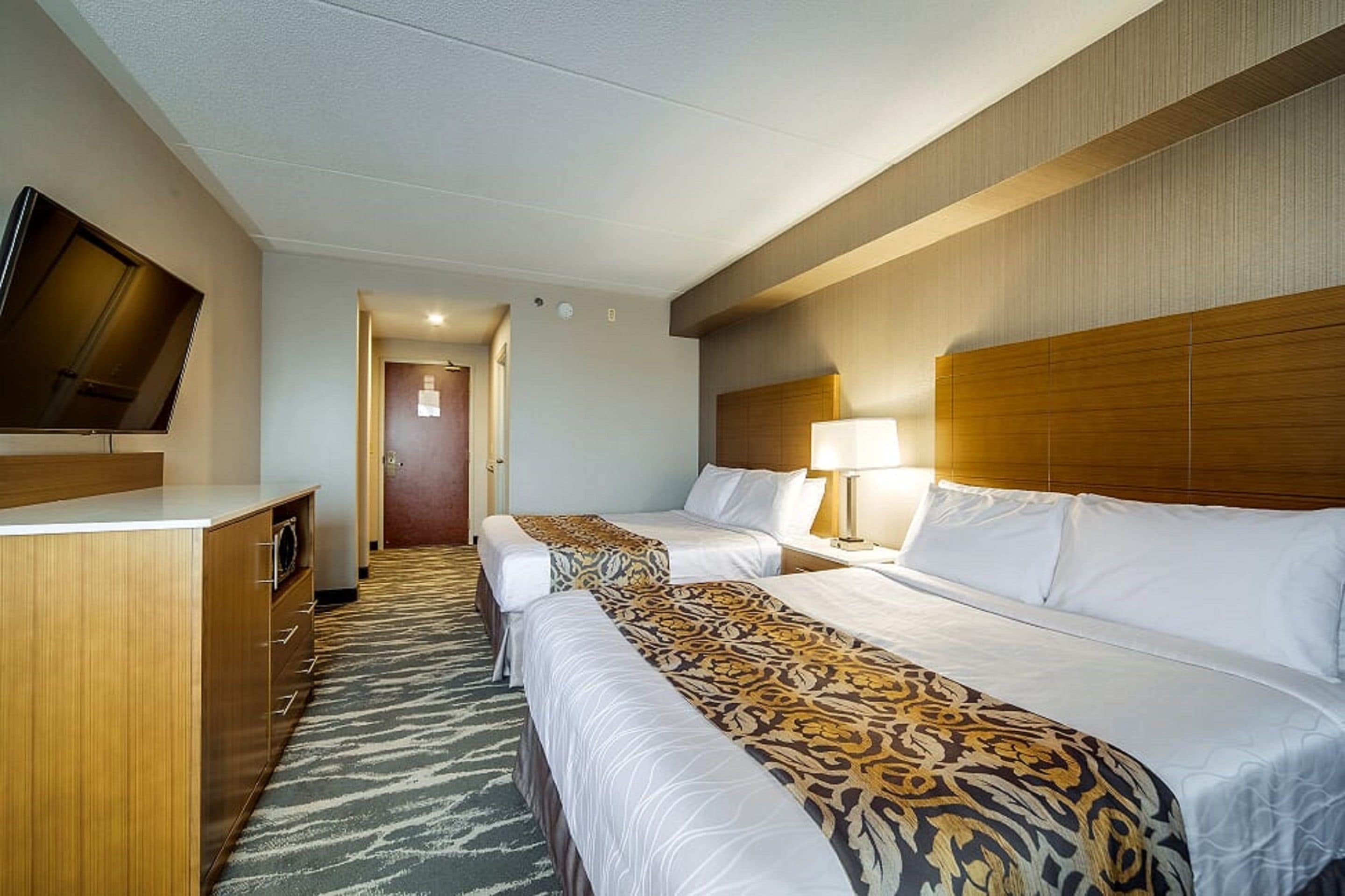 Une chambre d’hôtel avec deux lits, une télévision, un bureau et une lampe.