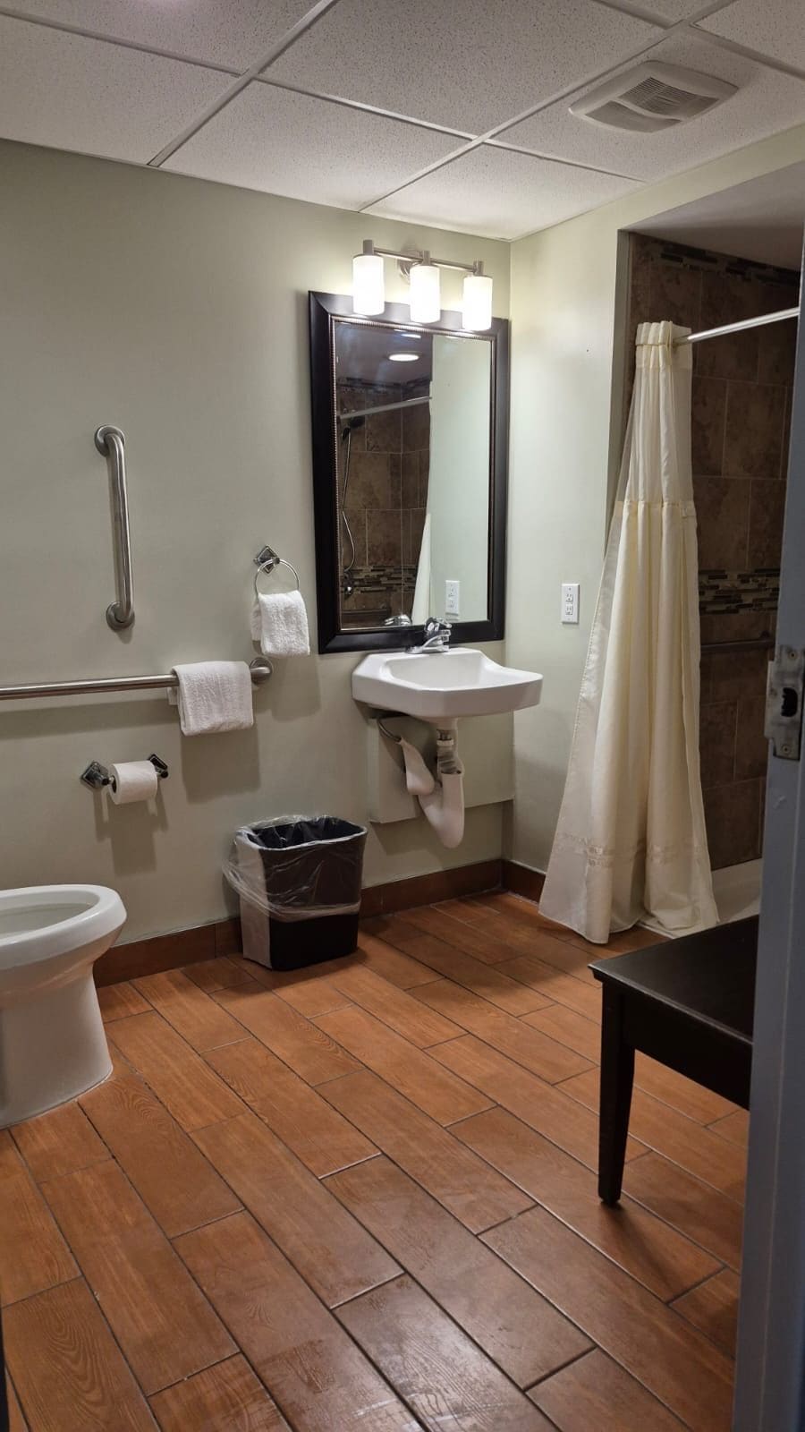 A bathroom with a toilet, sink, mirror, and shower curtain.
