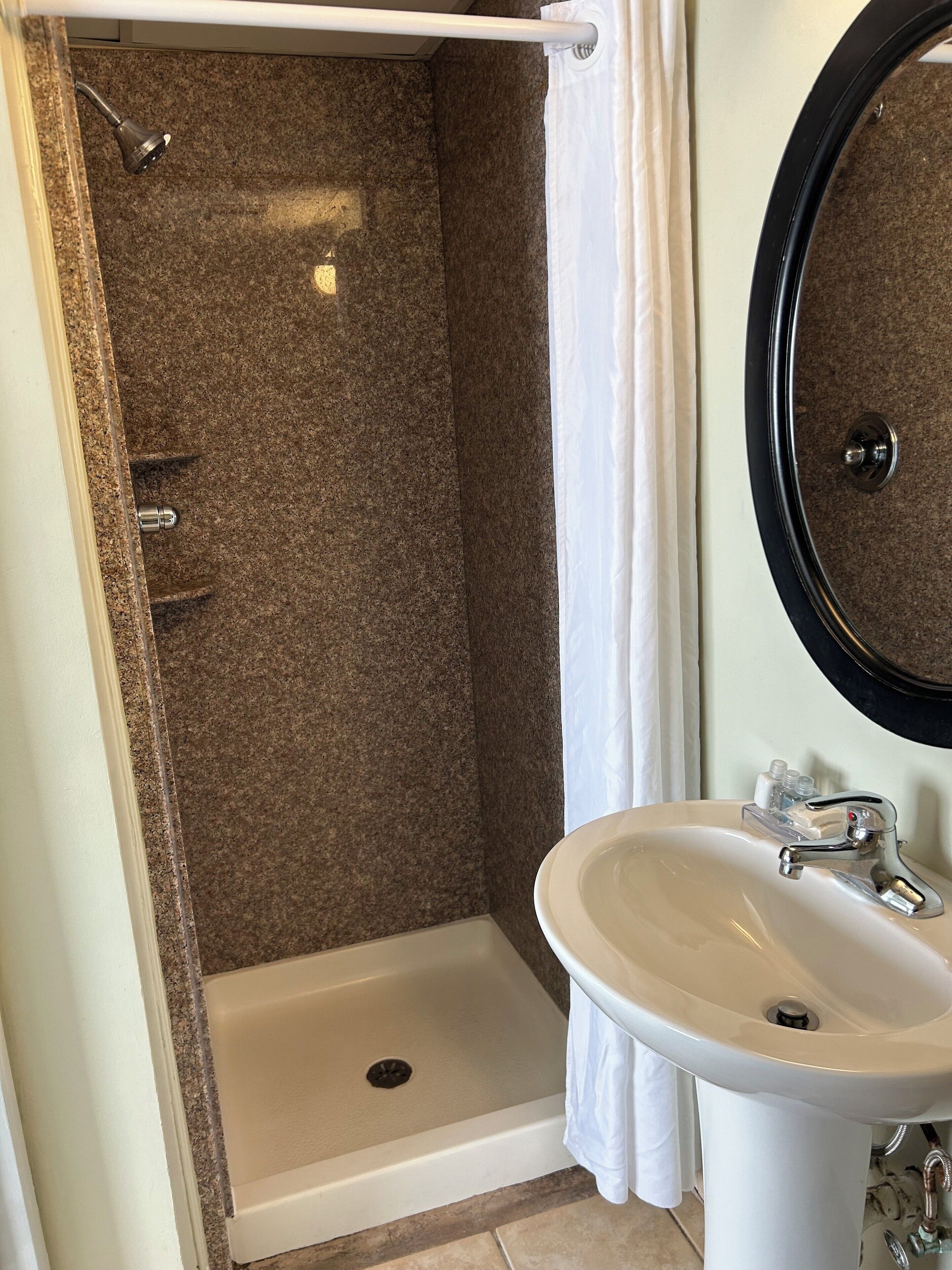Une salle de bain avec une douche, un lavabo et un miroir.