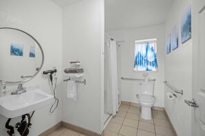 Standaard kamer, 1 kingsize bed, toegankelijk voor mindervaliden | Badkamer | Een douche, een regendouche, gratis toiletartikelen, een haardroger