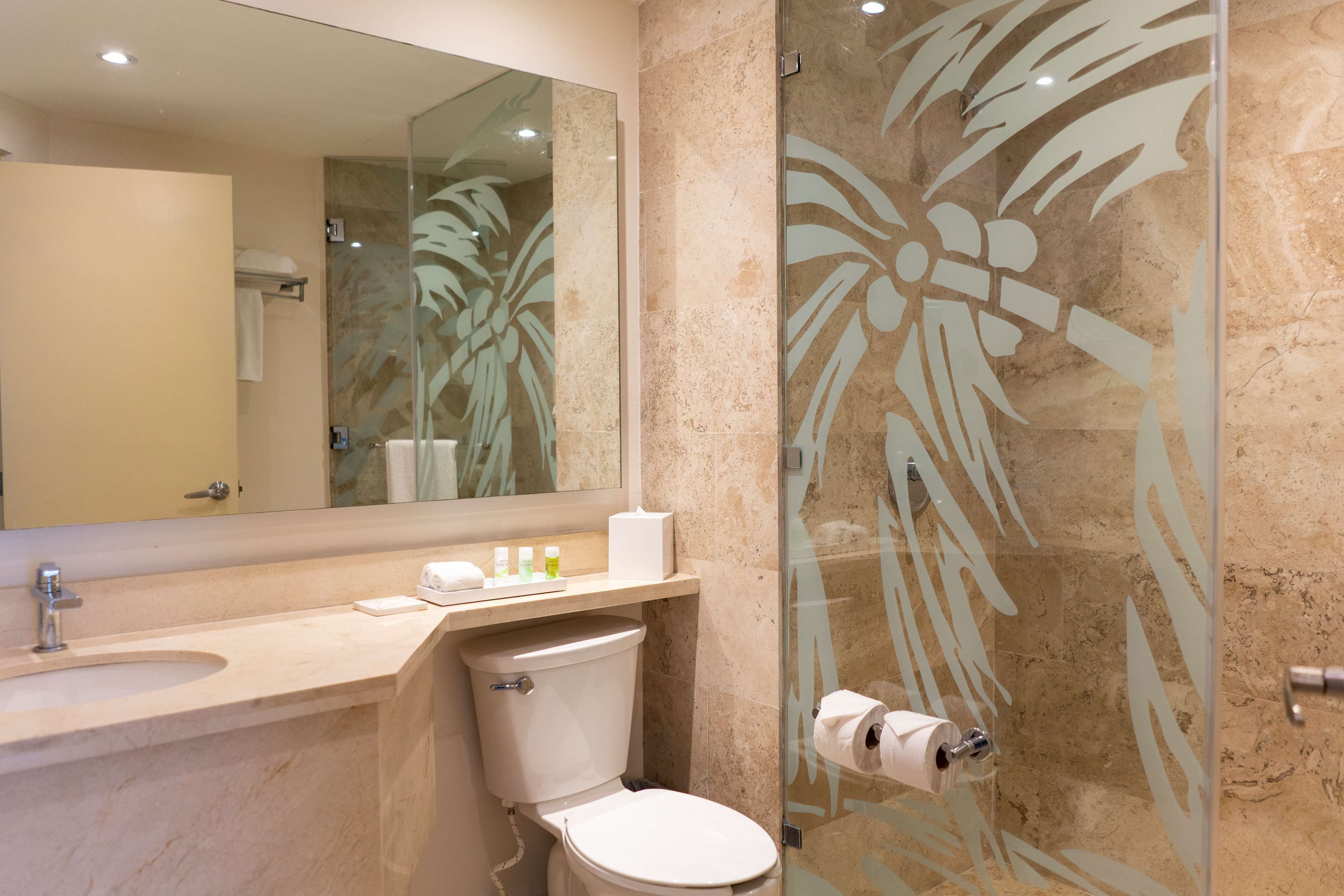 A bathroom with a marble sink, a toilet, a glass shower enclosure with palm leaf design, and a large mirror.