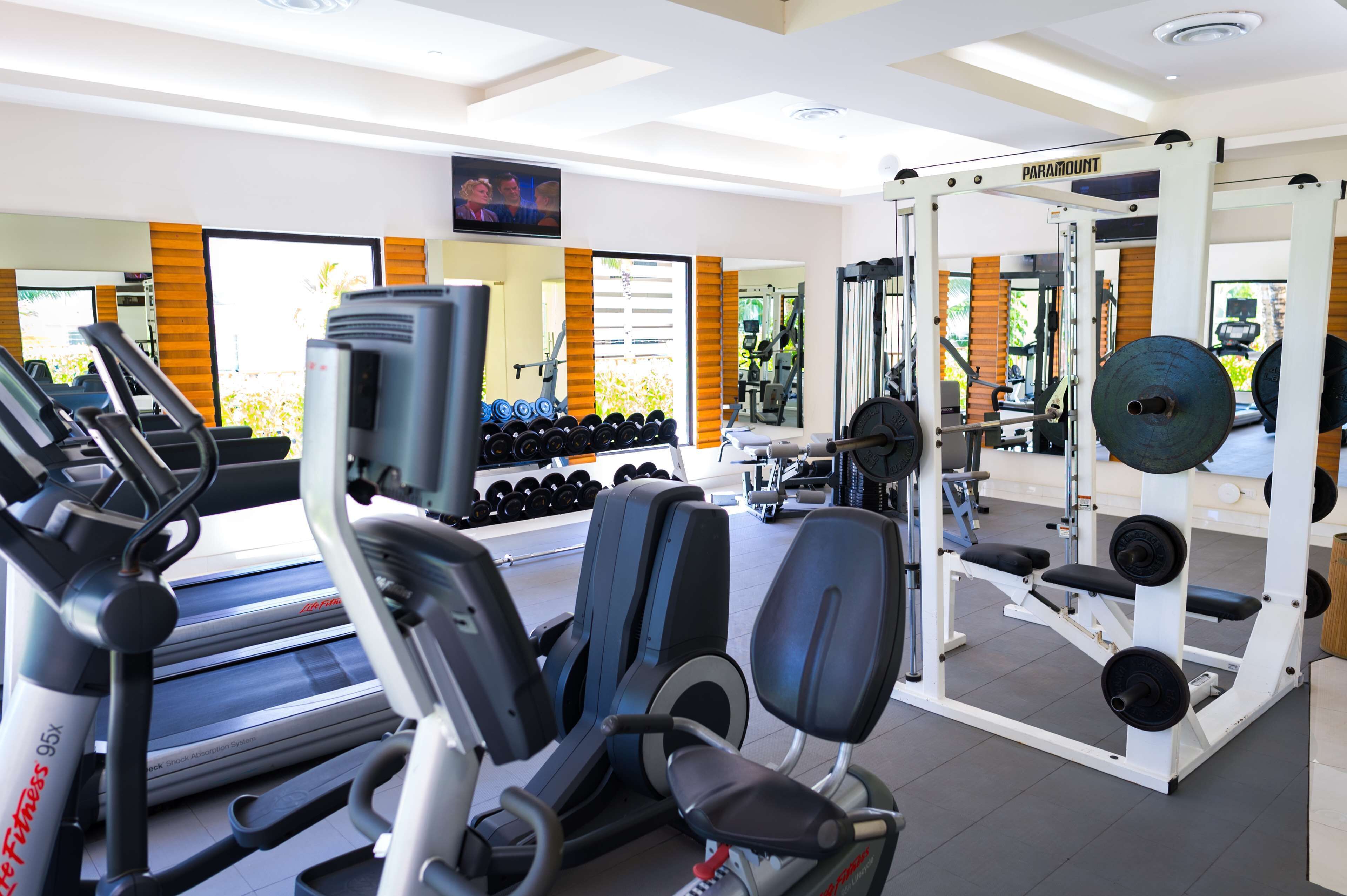 A gym with treadmills, weight machines, and dumbbells.