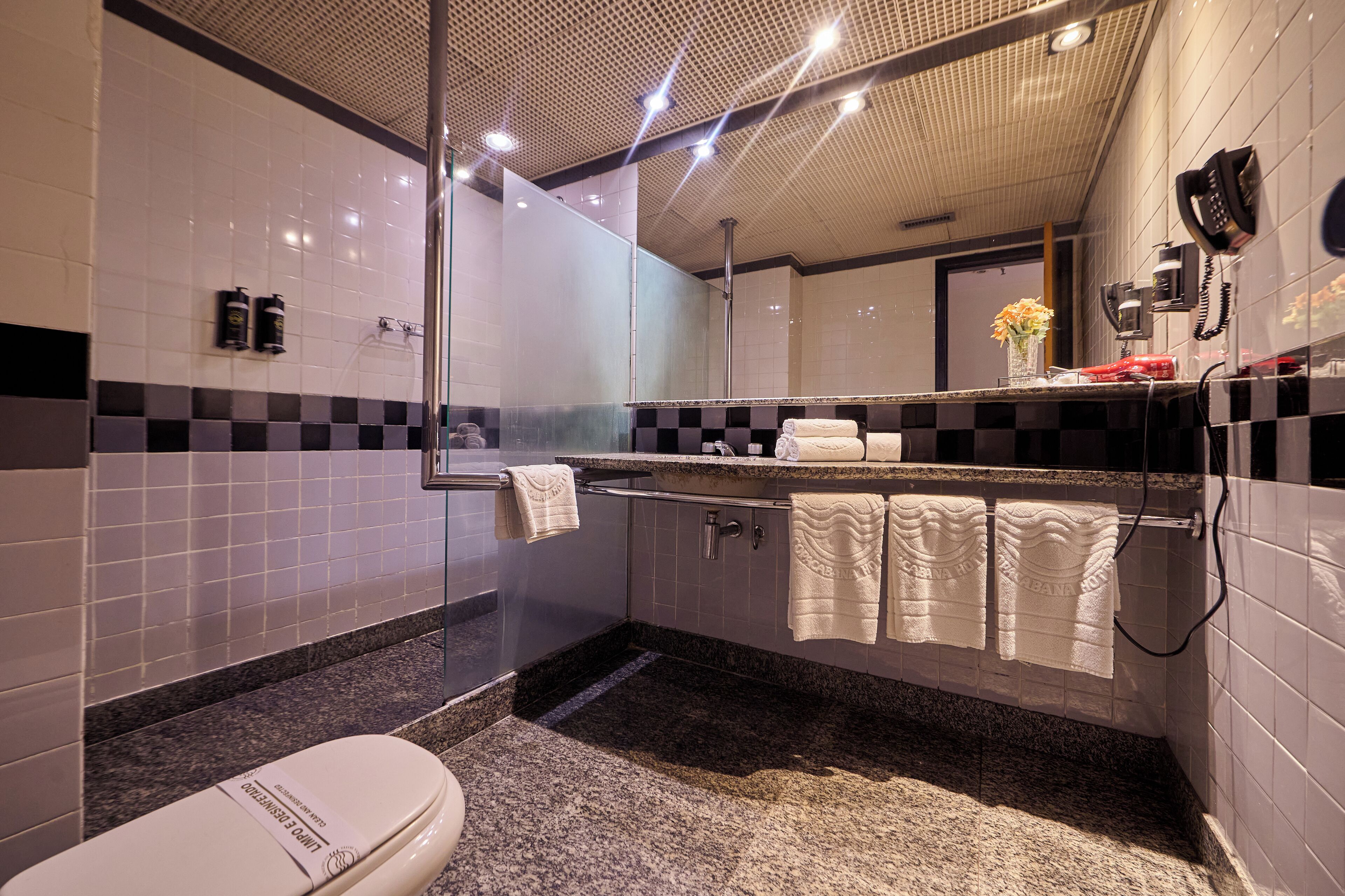 A modern bathroom with a glass shower enclosure, a vanity with a mirror, and a toilet.