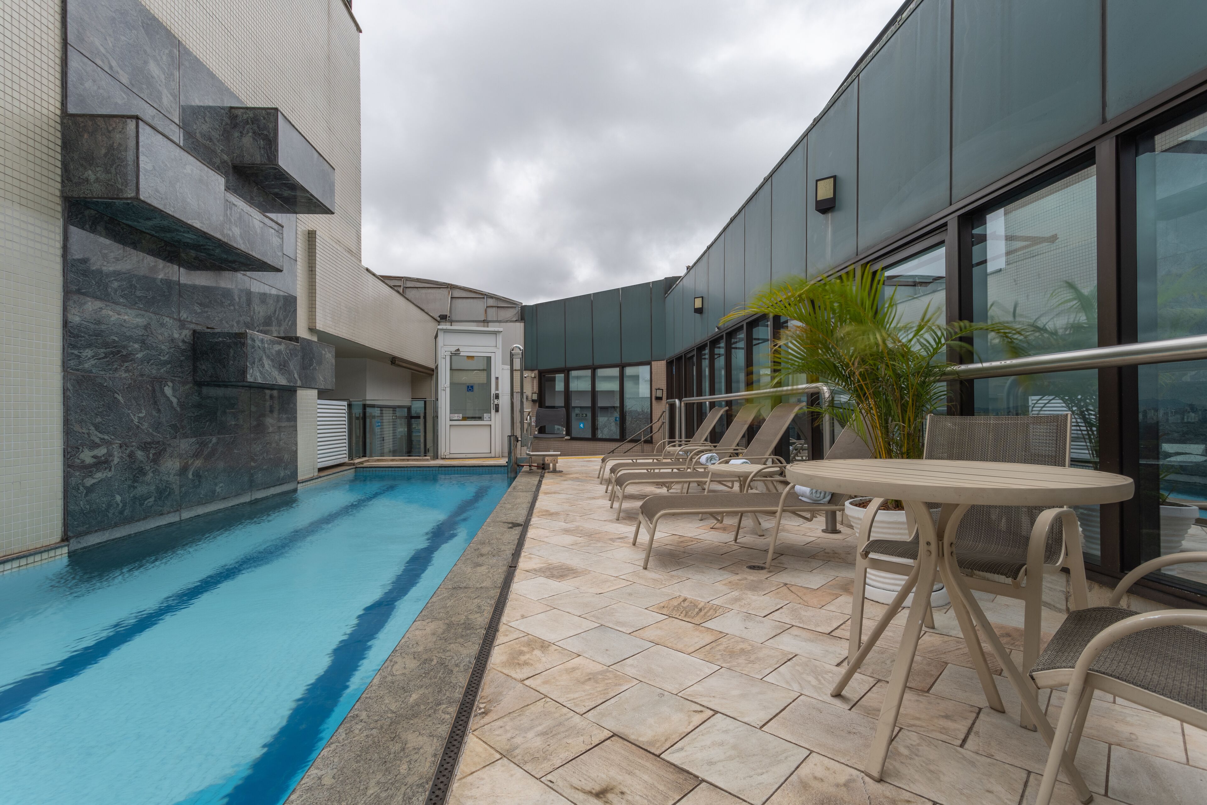 outdoor pool, pool loungers