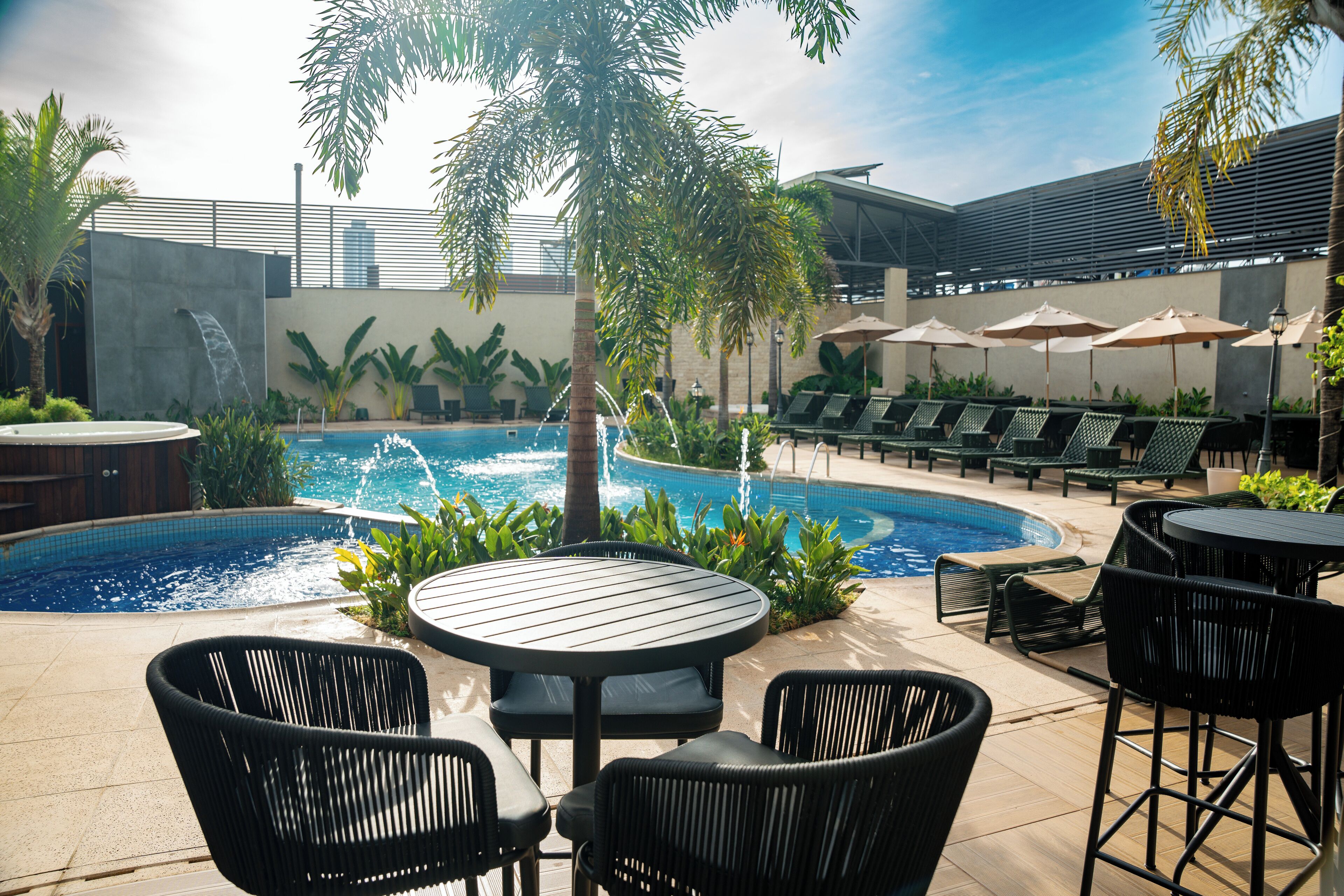 outdoor pool, open 10:00 am to 10:00 pm, pool umbrellas, pool loungers