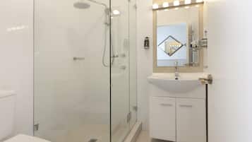 Un baño moderno con ducha envuelta en vidrio, un lavabo blanco con espejo encima y un inodoro.