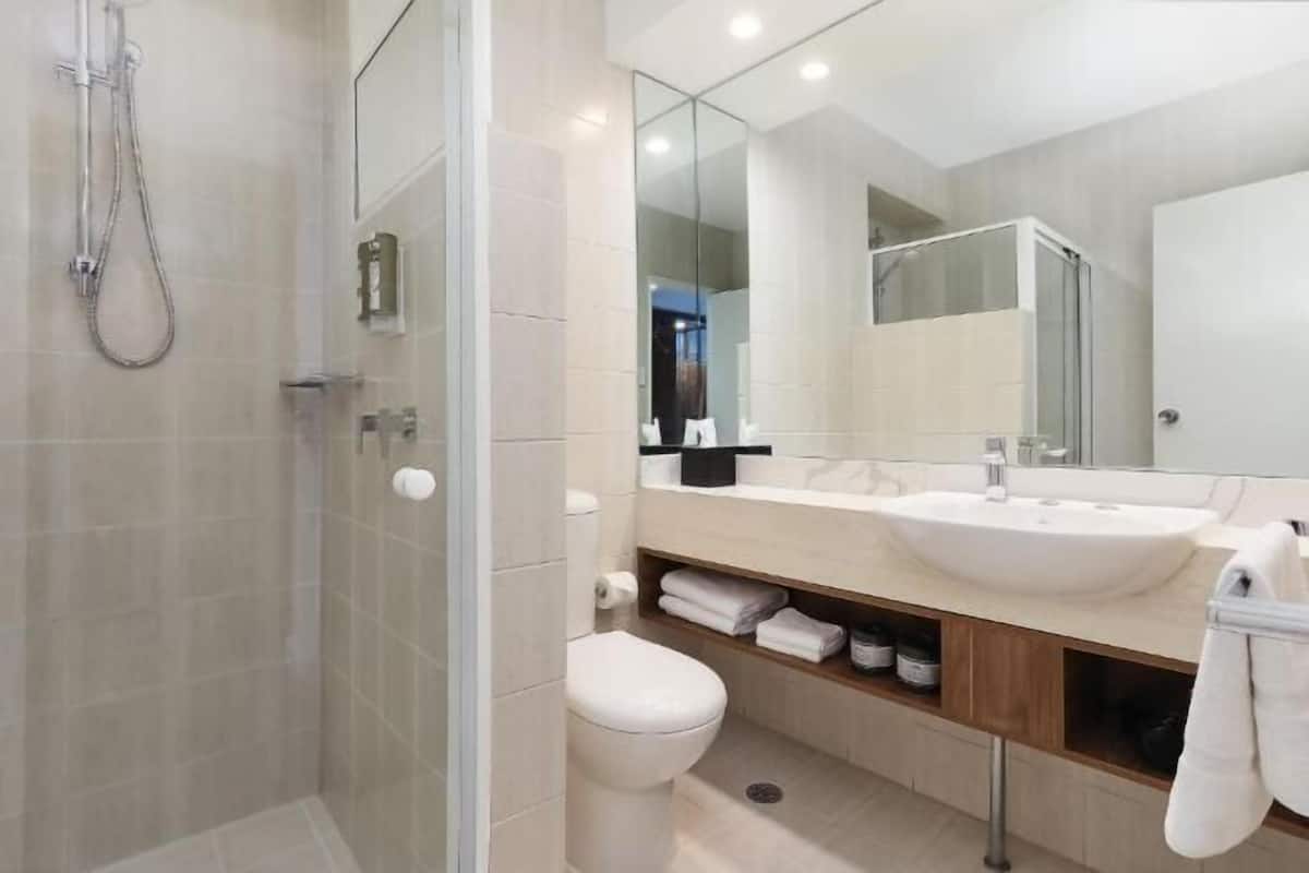 Shower, free toiletries, hair dryer, towels