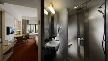 Shower, free toiletries, hair dryer, slippers