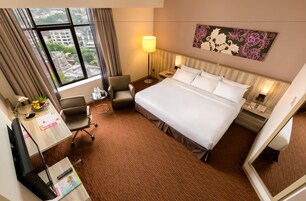 Una camera d'albergo con un letto grande, una scrivania con un computer, una sedia, una lampada e vista sulla città dalla finestra.