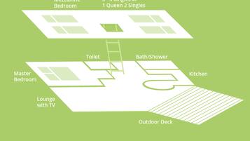 Planta baixa de uma eco casa com quarto superior, quarto principal, sala de estar com TV, terraço, banheiro/chuveiro e cozinha.