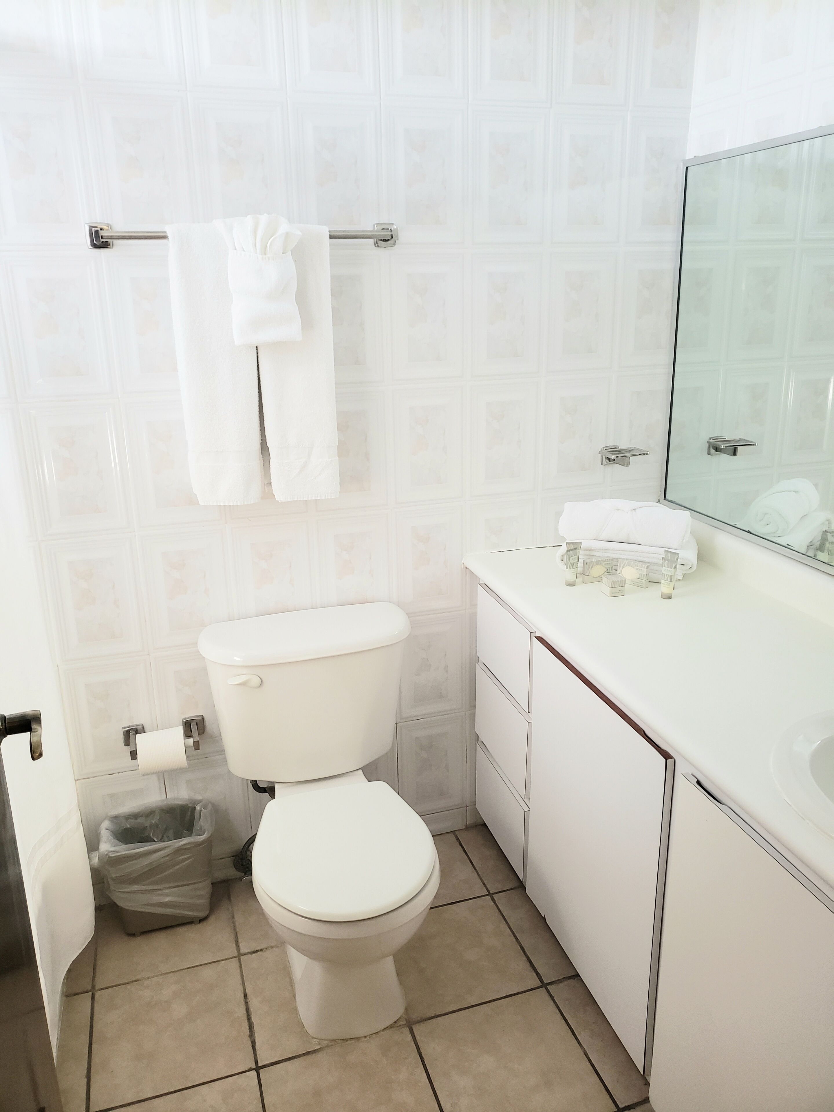A bathroom with a toilet, a sink with a mirror, and a towel rack.