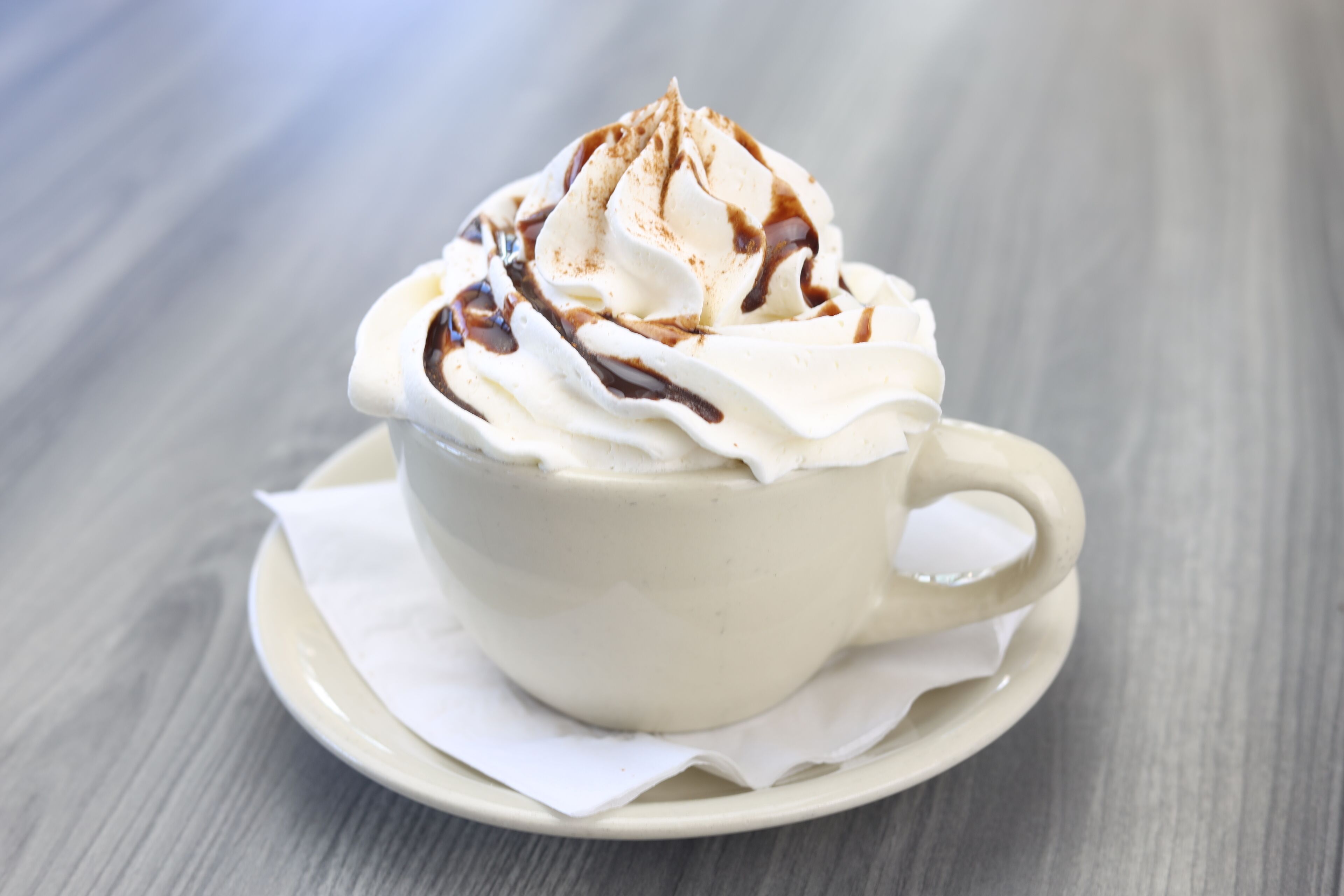Una taza blanca con crema batida y un chorrito de chocolate sobre un platillo blanco.