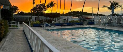 A swimming pool with a white railing, palm trees, and a sunset in the background.