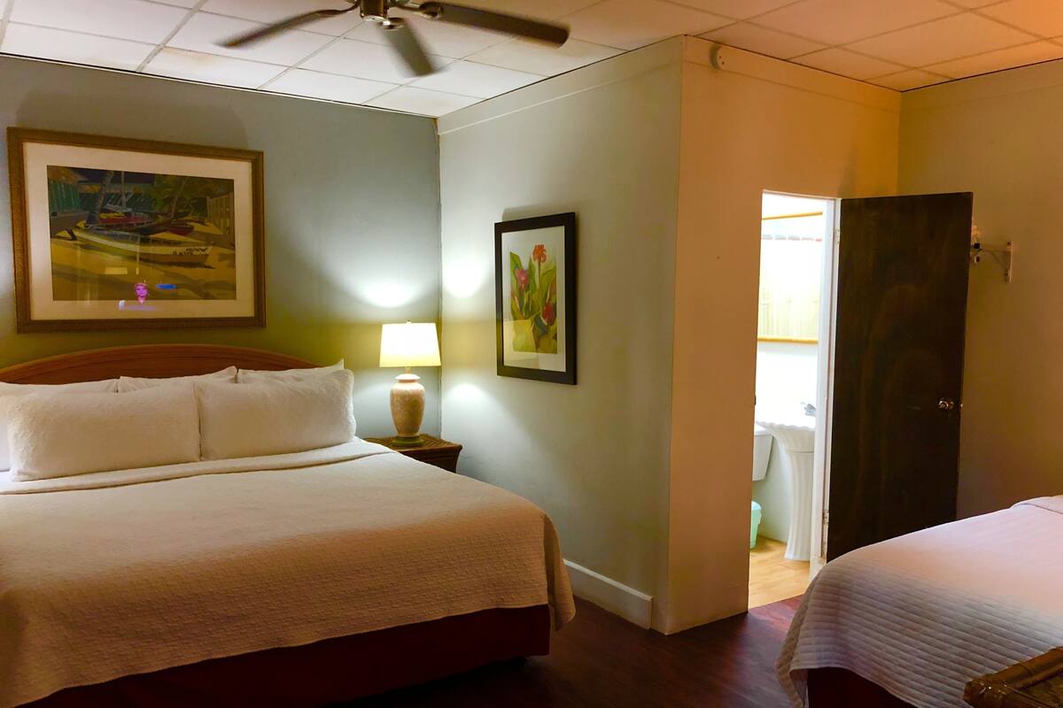 A hotel room with a large bed, a bedside table with a lamp, a ceiling fan, and two framed pictures on the wall.