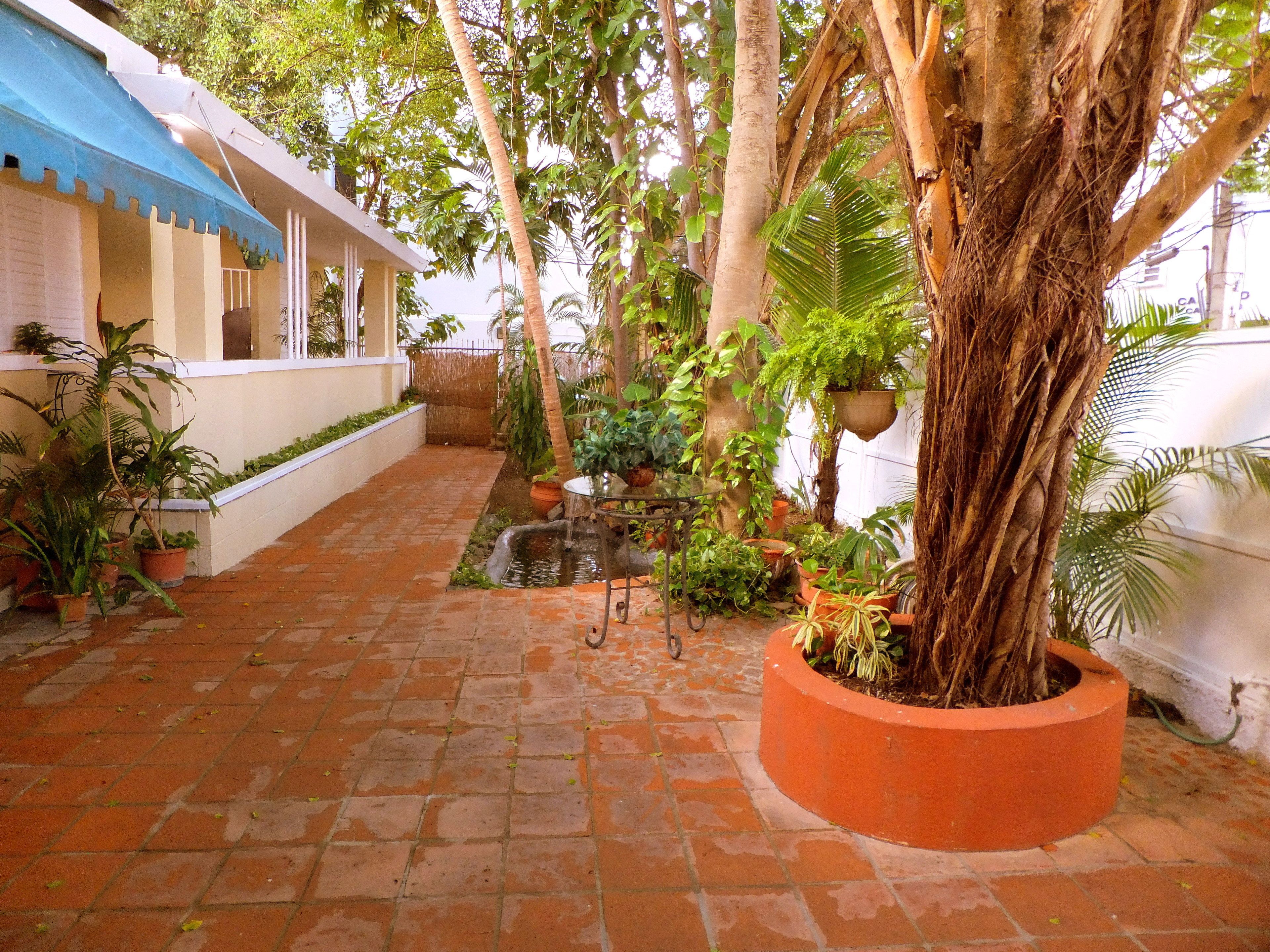 A courtyard with a tiled floor, potted plants, a small water feature, and a large tree in a planter.