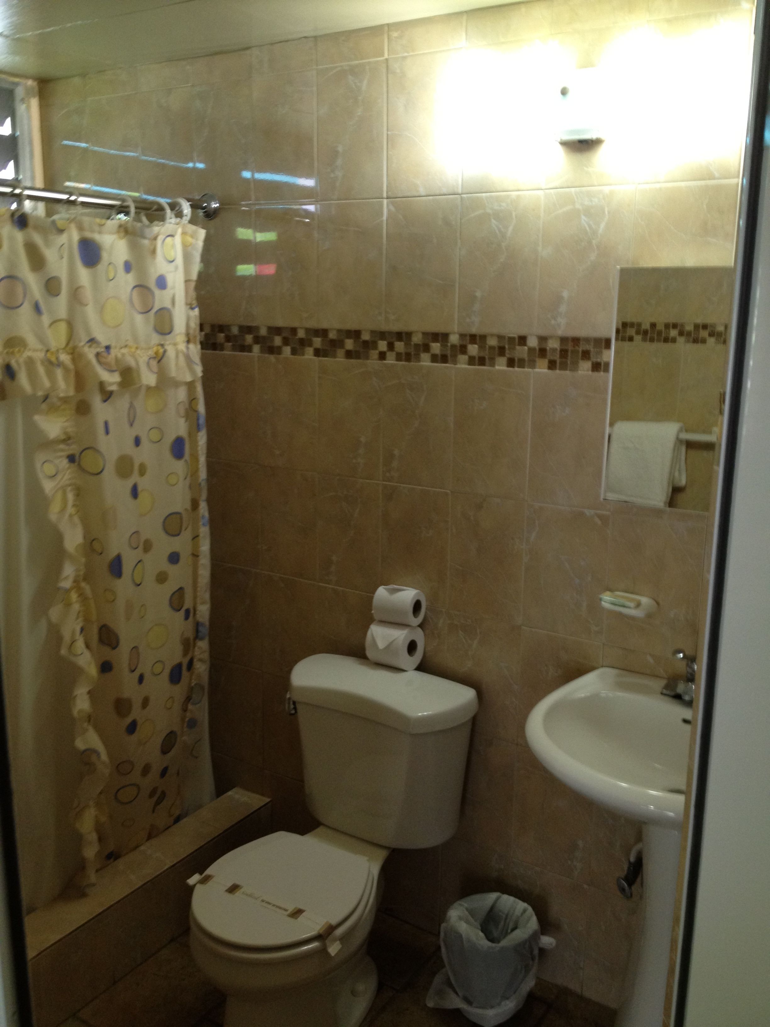 combined shower/bathtub, rainfall showerhead, hair dryer, bidet