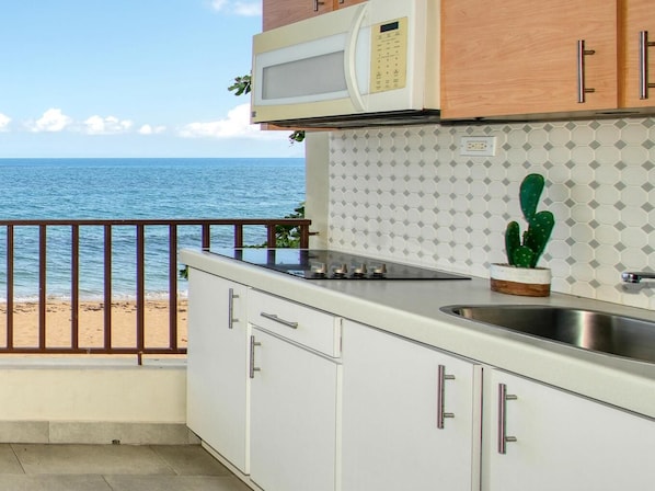 A kitchen with a view of the sea, a microwave, a sink, and a cactus plant.