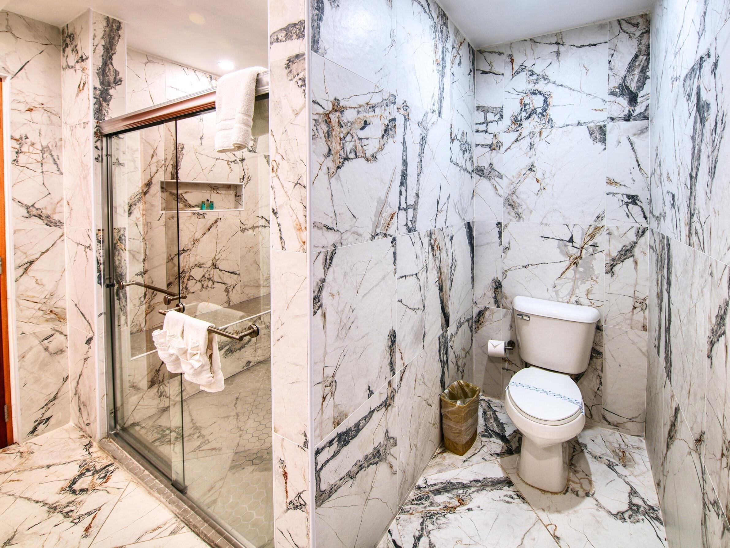 Un baño con cabina de ducha de vidrio, inodoro y paredes con diseño de mármol.