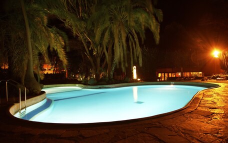 A nighttime swimming pool with a stone deck, surrounded by palm trees and a building with illuminated windows in the background.