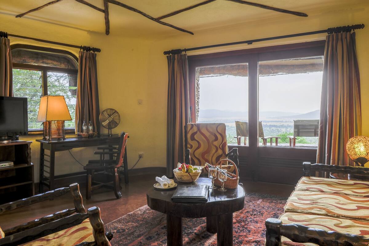 A cozy living room with a television, a fan, a table with a basket of fruit, and a view of the outdoors.