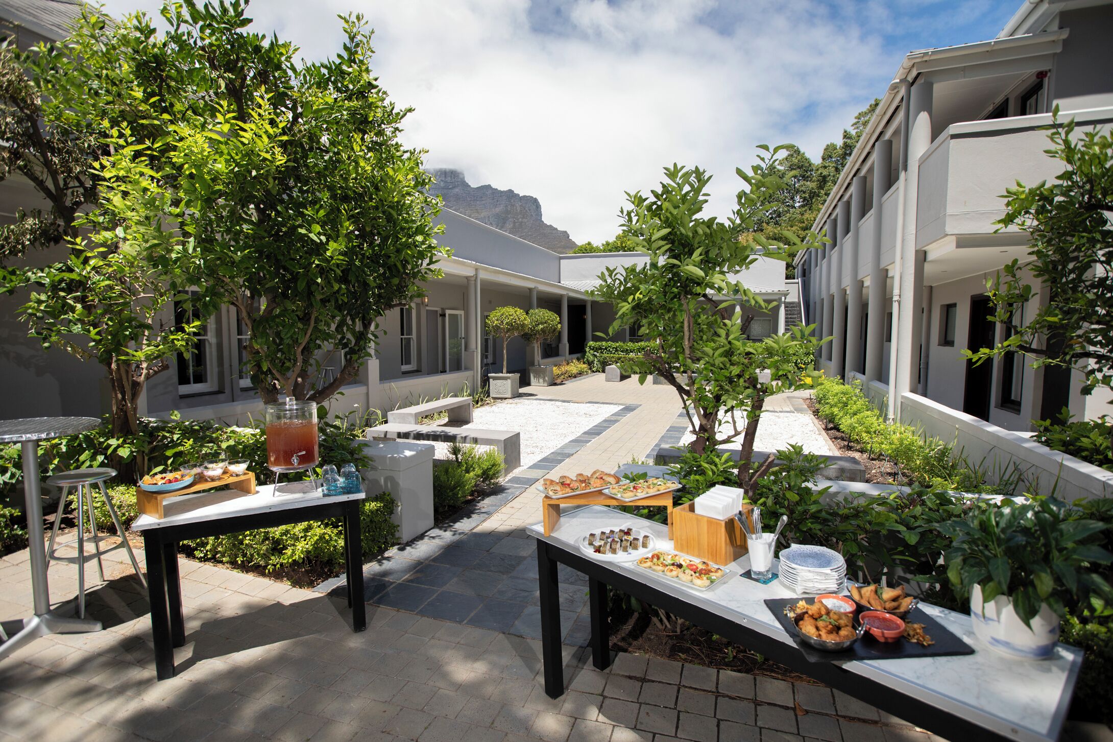 A courtyard with a dining table set with food and drinks, surrounded by greenery and buildings.